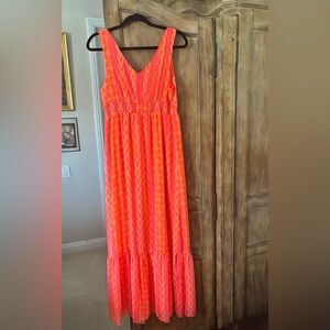 Old Navy orange print long dress with ruffled hem. Size L
